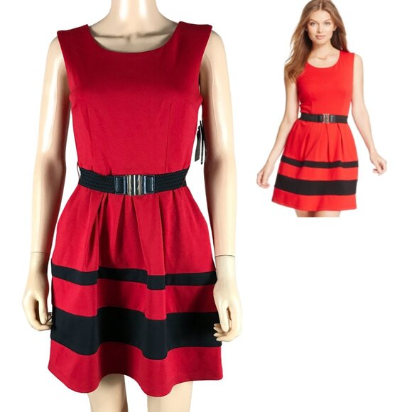 BCX Red Striped Fit & Flared Belted Dress NWT SMALL - Picture 1 of 7
